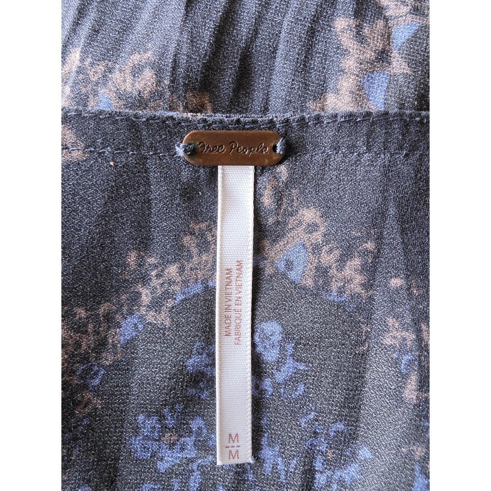 Free People Blouse M Floral Cowl Neck Long Sleeve Black Blue Boho Top Shirt - Picture 3 of 5
